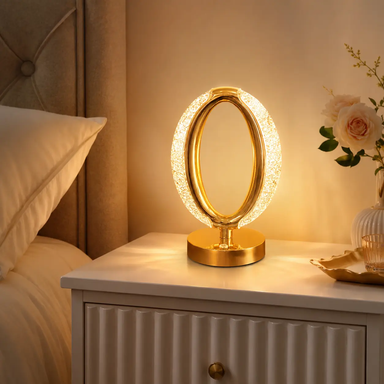 USB Rechargeable Oval Shape Crystal Base LED Table Lamp - Touch-Controlled, 3 Lighting Modes, Modern Gold-Tone Base Ambient Light, Lamps for Bedroom, Festive Decor & Home Supply Gift