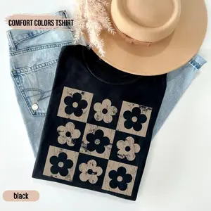 Comfort Colors Checkered Flowers Shirt Retro Flowers T-Shirt Boho Floral TShirt Gift For Mom Spring T Shirt Trendy Floral Tee