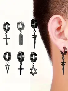 Punk Rock Clip-On Earrings Set, Cross Blade Triangle Hexagram Pendant Studs, Unisex Birthday Festival Gift, No Piercing Needed, Punk Style Earrings