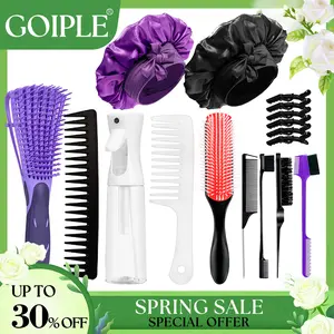 【Spring Glow-Up】17 Counts Hair Brush Set for Women Men Kids Detangler Brush Wide Tooth Comb Nylon Bristle 9-Row Brush Satin Bonnet  Styling Tools Purple Love At First Find