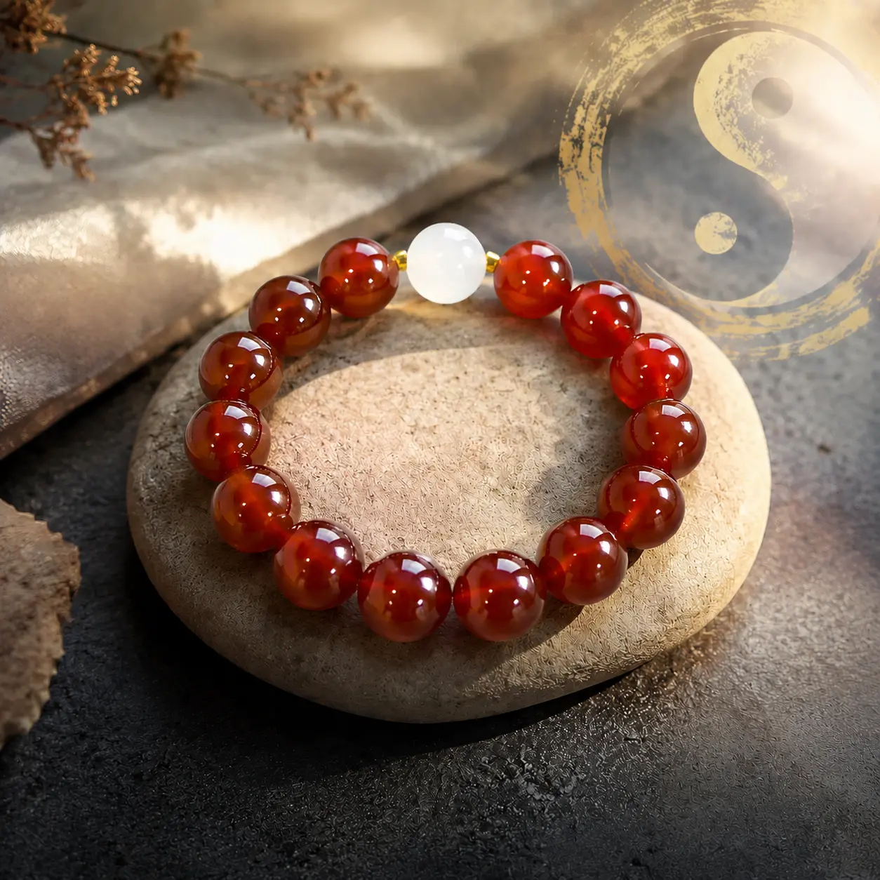 Red Single-Circle Bracelet with White Center Bead and Gold Accents
