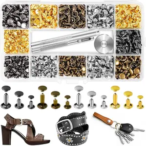 420 Sets Leather Rivets, Rivets for Leather Crafting, 4 Colors and 3 Sizes Leather Rivet Kit with 3 count Leather Tools, Rivets for Fabric, Remaches para Cuero, Double Cap Brass Rivets for DecorationQuesear
