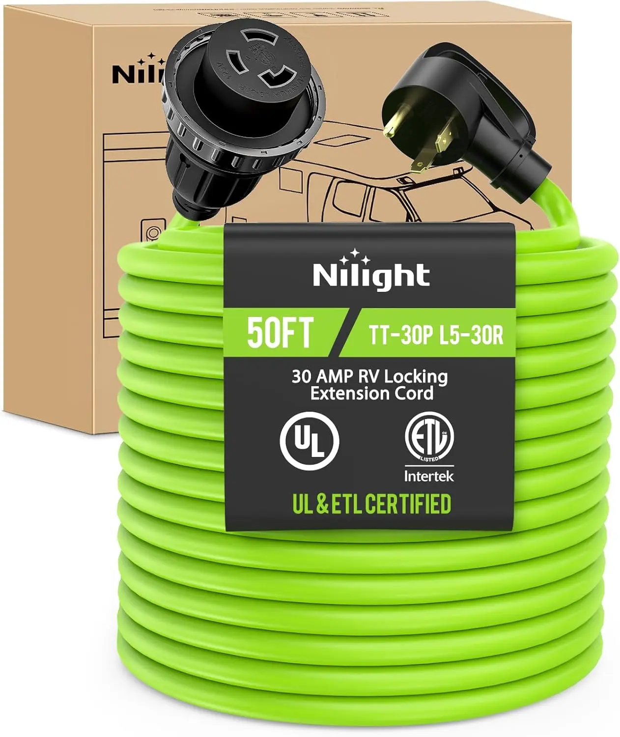 50FT 30A 125V RV Locking Power Extension Cord Reels - Heavy-Duty 10/3 Gauge Pure Copper STW Wire, UL ETL Listed, 3-Prong TT-30P L5-30R Plug, Weatherproof for Camper, Garage (Bright Green)
