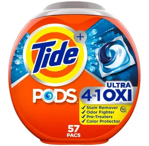 Tide 4-n-1 Ultra Oxi PODS Laundry Detergent Pacs, 57 Count, HE Compatible, Built in Pre-treater for Stains