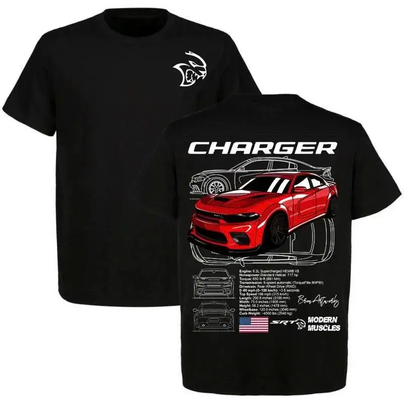 Dodge Charger Hellcat Red T-Shirt – Red Muscle Car Graphic Tee with Blueprints and Specs, Modern Mopar Streetwear Top Menswear Car Enthusiast Gift For Men, Father's Day Novelty