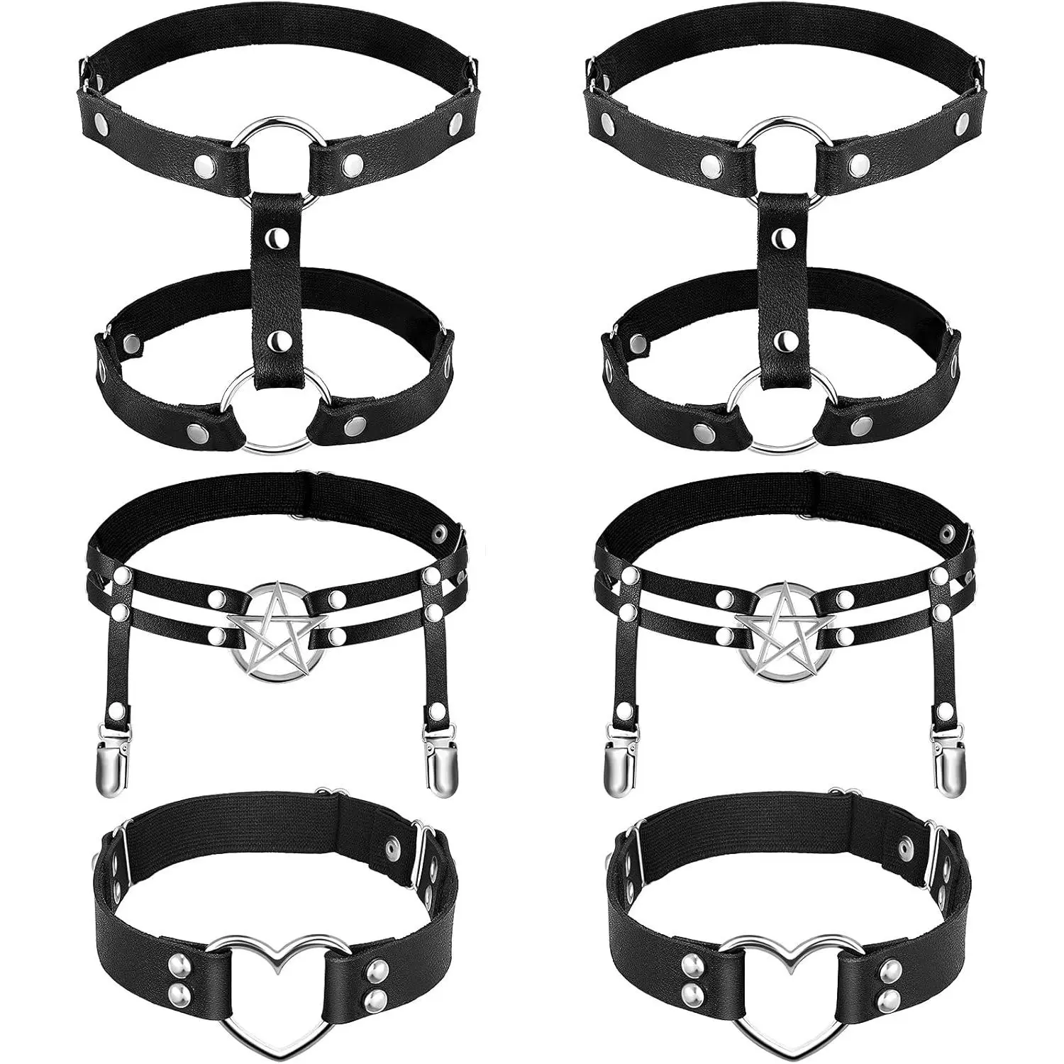 Women's Gothic 6-Piece Adjustable Garter Belts with Anti-slip Clips, Elastic Fabric Thigh Suspenders, Star/Heart-Shaped Leg Rings, 2-Row Design for Outfits, Birthday Events, Perfect Fits