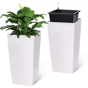 Tall Planters Set of 2, with Large Outdoor & Indoor Pots with Drainage Holes, Water Level Gauge, Inner Insert, Trays & Wheels, Auto-Watering Front Porch Planters for Terrace, Home, Office