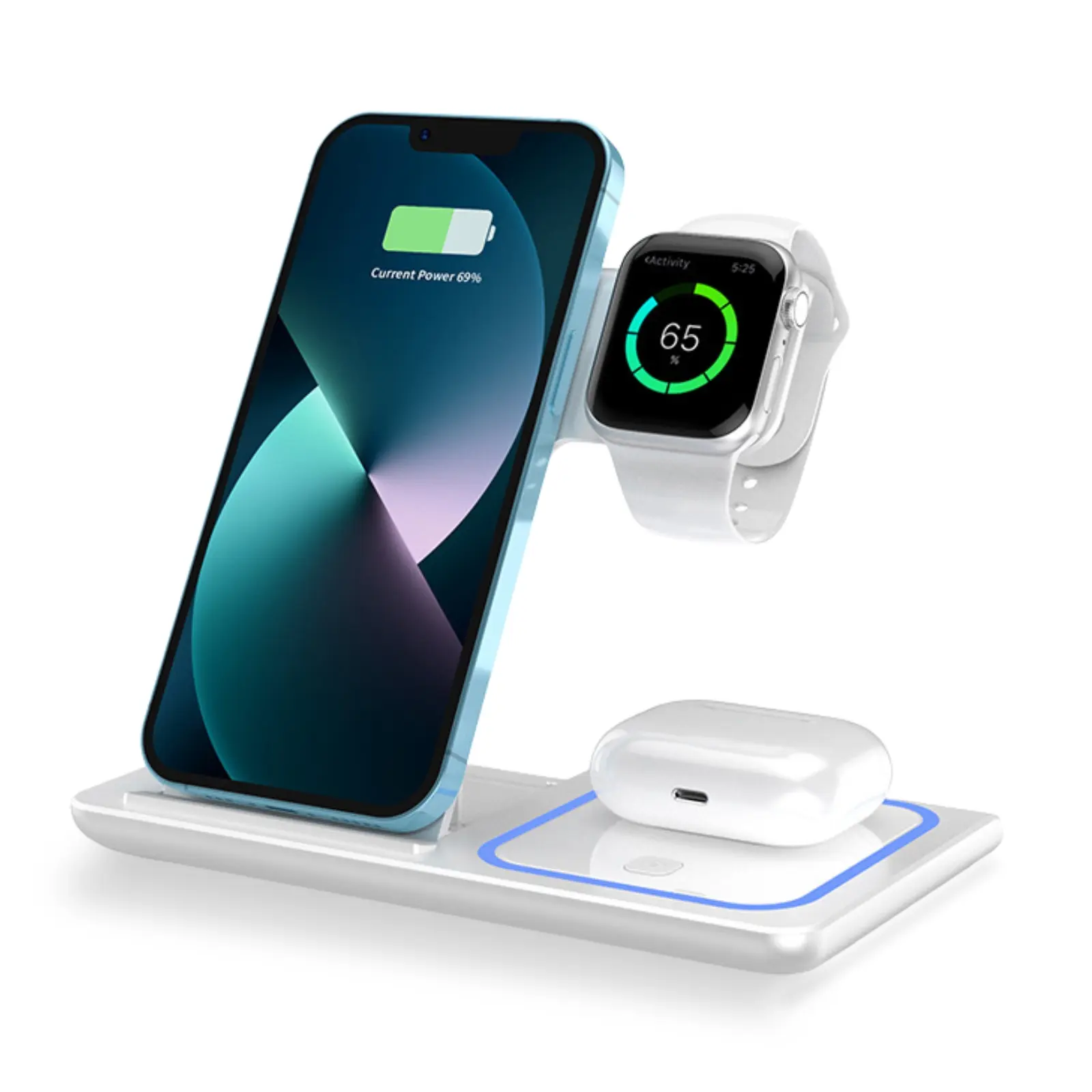 3-in-1 Wireless Charging Station, 15W Fast Charger with Night Light, Foldable Compact Portable Travel Stand for iPhone, Apple Watch and AirPods