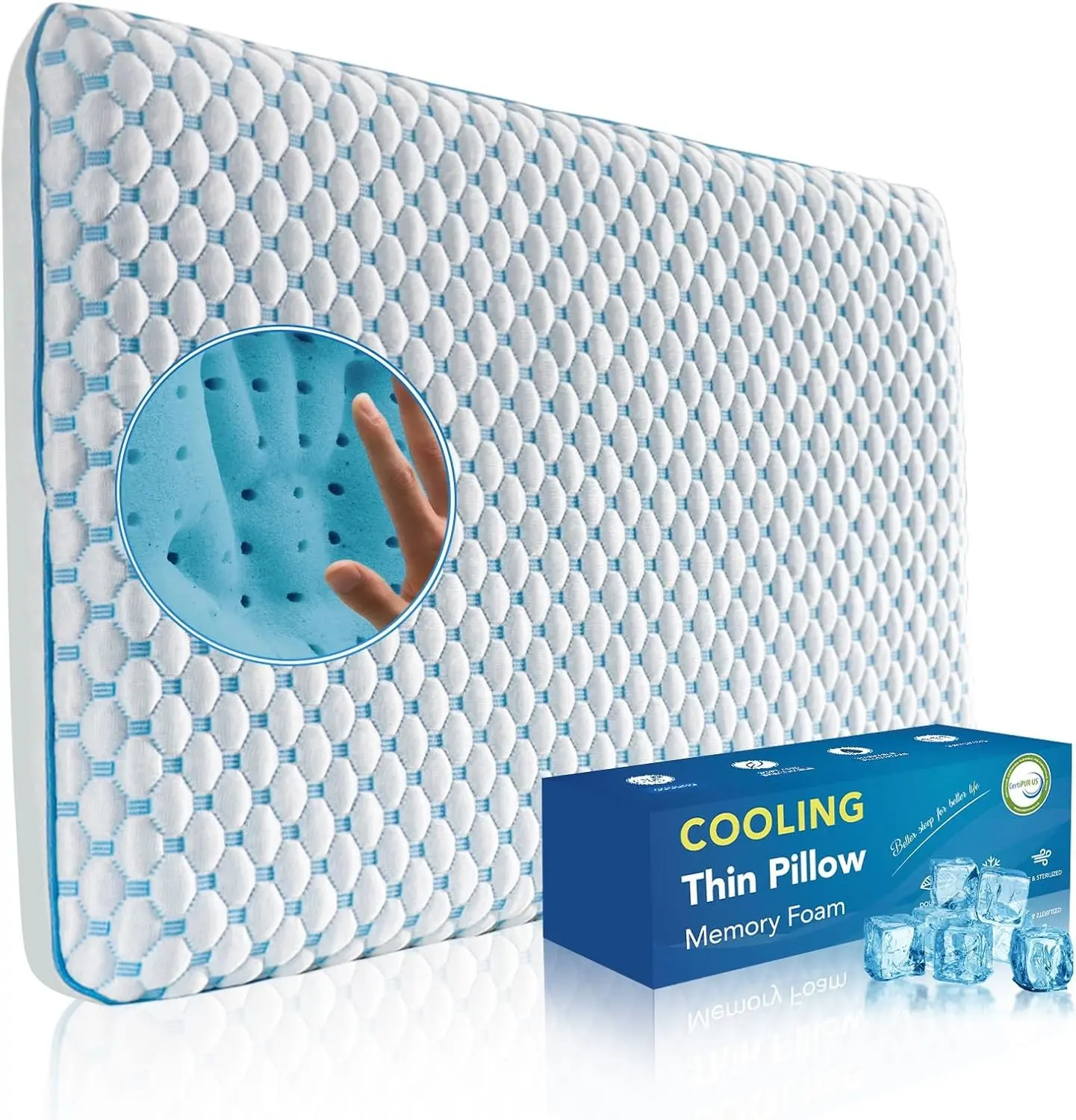 Thin Cooling Gel Pillow for Stomach and Back Sleepers, Ultra Slim Low Profile Memory Foam Pillow for Shoulder and Neck Pain Relief, 2.25 Inches