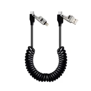 65W 4-in-1 Retractable Fast Charging Cable, 2M/6.5ft Spring Coiled USB-C to Lightning/USB-C/USB-A Multi-Device Cord for iPhone 15/14/13, iPad, Samsung, MacBook, Laptop, Car, Tablet Android Charger Adapter Alloy Port Cellphone charger