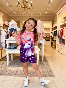 Girls Round Neck Short Sleeve Shorts Pajama Set, Unicorn Print, Small Star Pattern, Casual Fitted Homewear, All Seasons