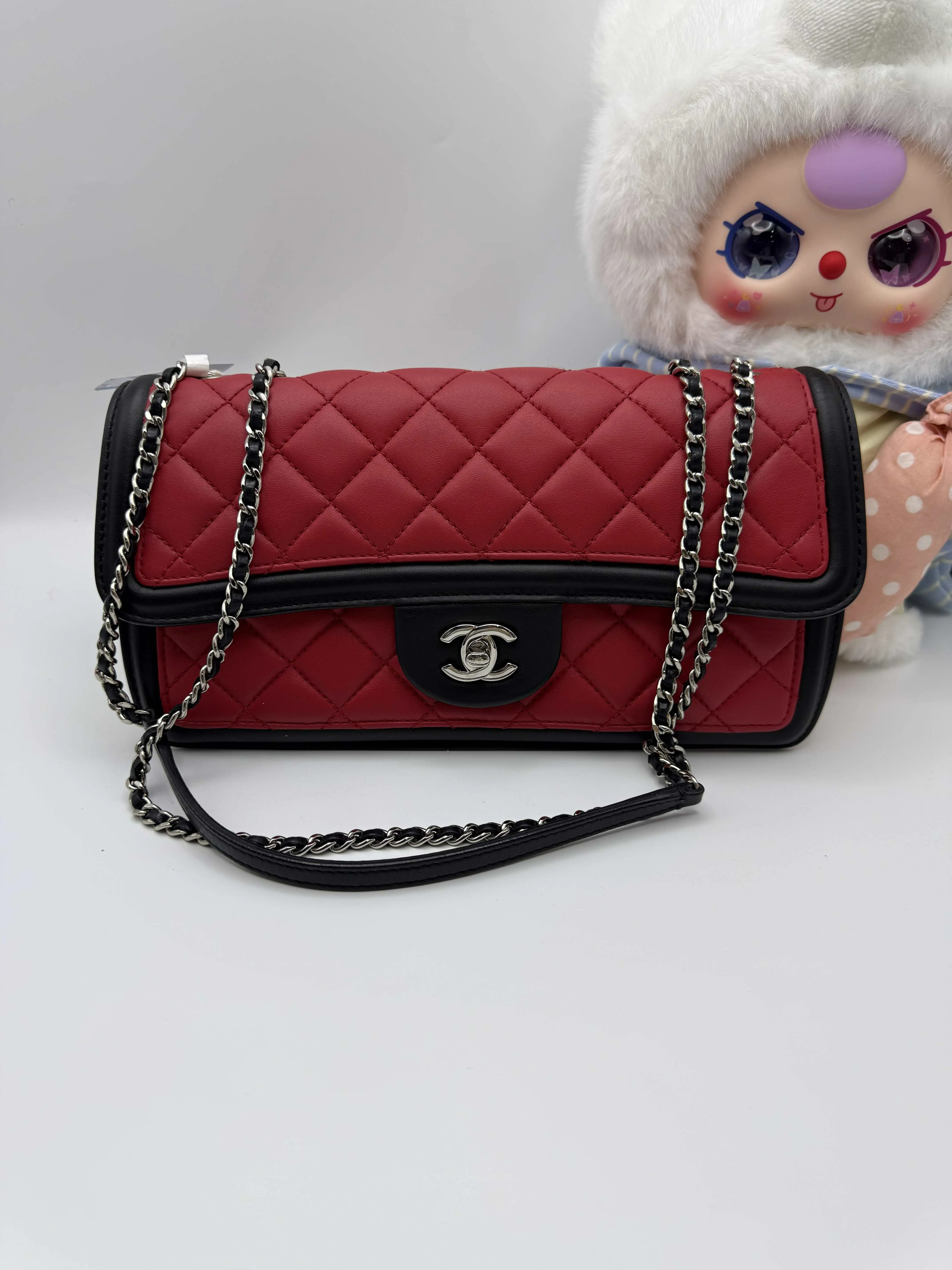 Pre-owned CHANEL Red Quilted Lambskin Flap Bag with Black Leather Trim