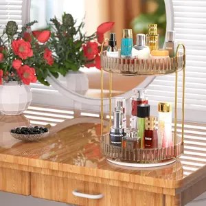 360°Rotating Makeup Organizer, 2 Tier Bathroom Counter Organizer,Large Capacity Perfume Cosmetics Skincare Vanity Organizers, Bonus12-slot lipstick holder,Dresser Spinning Countertop Organizer and Storage for Women (Green/White/Gold) tiktokshopspringglowu