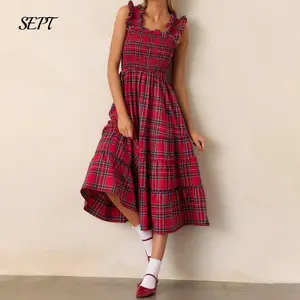 Women Christmas Sleeveless Maxi Dress Casual Plaid Print Ruffled A-line Party Dress For Club Streetwear
