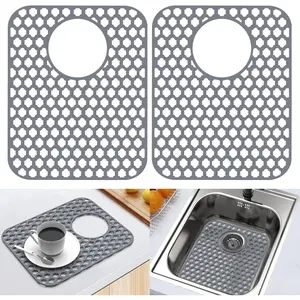 2 Pack  Sink Protectors for Kitchen Sink, 13.58"x 11.6" Heat-resistant Sink Mat, Rear Drain Non-Slip and Durable Sink Protector , Gray