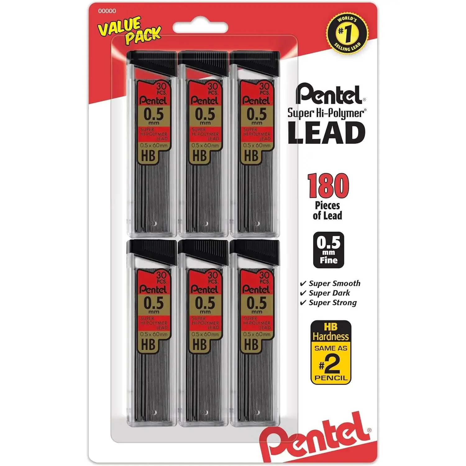 Pentel Graphite Mechanical Pencil Lead Refills, 0.5mm HB Grade, 30-Piece Tube, 6-Pack, Office Stationery Writing Supplies for Graphite Pencils, Graphite Pencil
