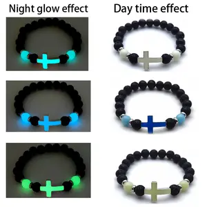 Glow in the Dark Cross Bracelet, Natural Volcanic Stone Energy Beads, 8mm Spiritual Elastic Beaded Bracelet for Men, Unisex Religious Gift, luminous Accessory