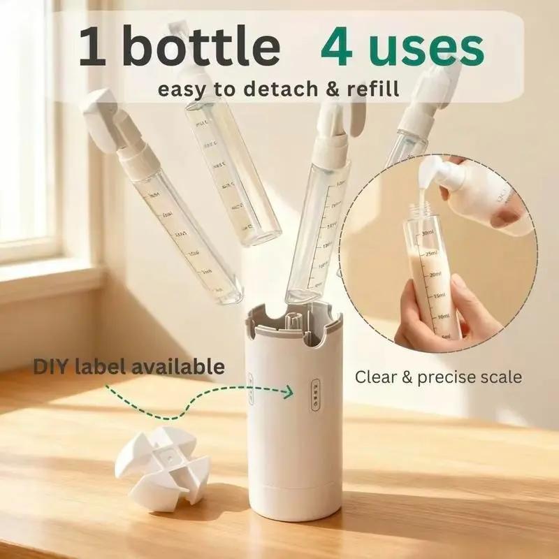 4-in-1 Travel Dispenser Bottle for Toiletries Portable Cosmetic Shampoo Storage Lotion Compact Plastic Container Wholesale Easy Press Smooth Flow bottle