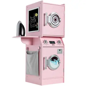 Best Choice Products Pretend Play Kids Wooden Stacked Washer & Dryer Set w/ Toy Laundry Storage and Accessories