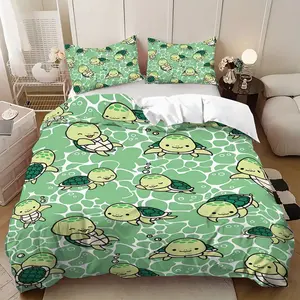 3pcs Oceanic Cartoon Turtle Print Decorative Bedding Set, Includes 1 Duvet Cover and 2 Pillowcases, No Fillers, Suitable for Bedroom & Dormitory