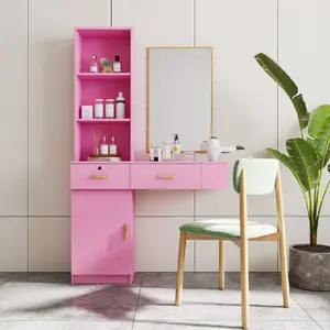 Modern Hair Styling Station with Multi-Layer Storage - Large Capacity Cosmetic Organizer Desk for Bedroom, Bathroom, or Salon Use (Pink)
