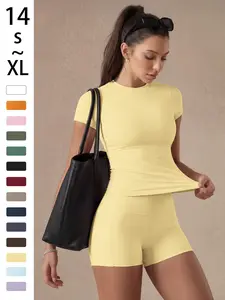 Women's Plain Color Set, Basic Versatile T-Shirt Top, Fashion Multi-Purpose High Waist Sport Shorts, Yoga Fitness, Spring Summer