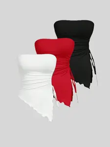 Women’s 3-Pack Strapless Drawstring Tie Tops Summer Off-Shoulder Design Bandeau Elegant Womenswear Minimalist Chic Basic