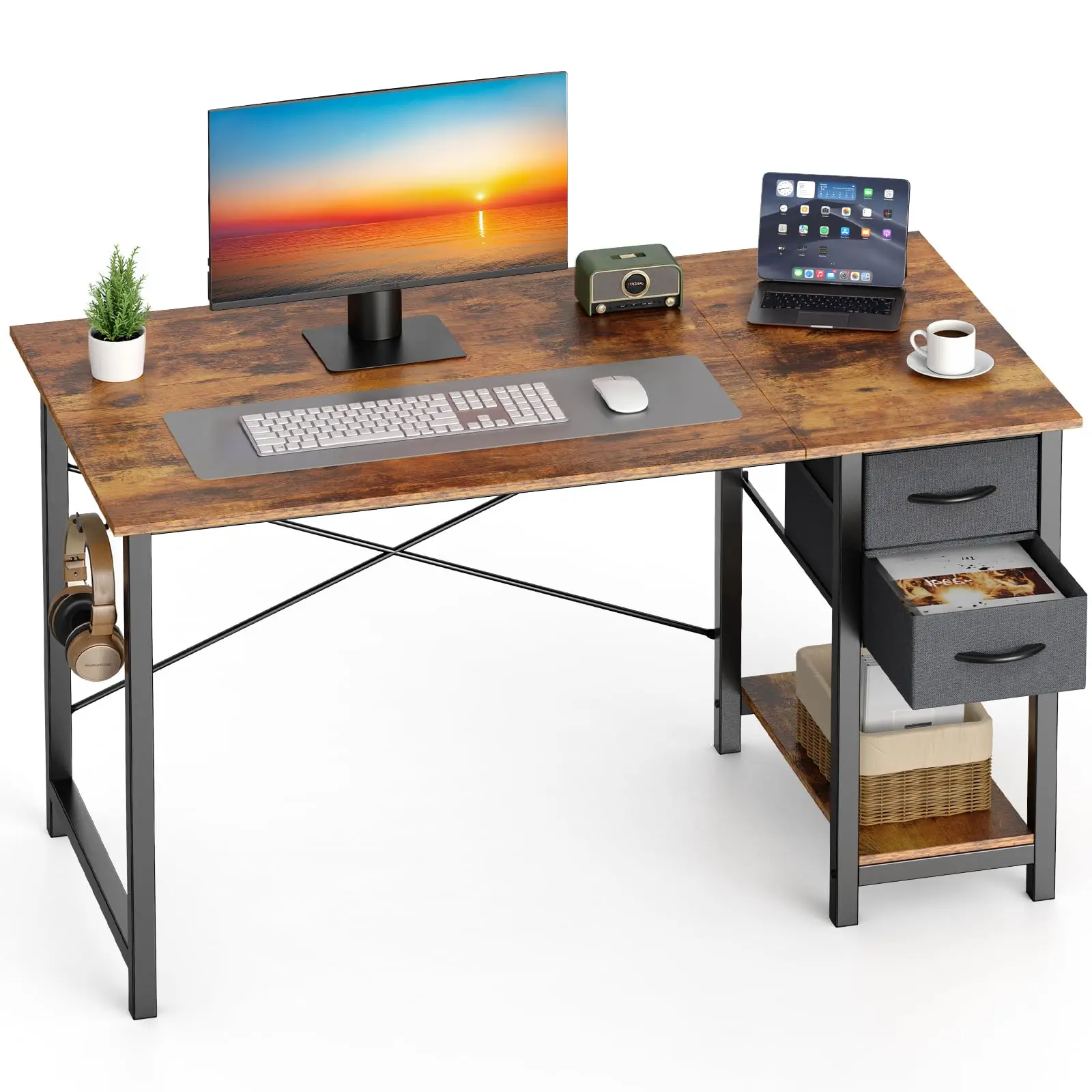 40 Inch Computer Desk with Drawers for Home Office, Writing Desk with X-Shaped Reinforcement, Wood Table with Adjustable Position Drawers, Study Work Table with Side Hook, Rustic Brown