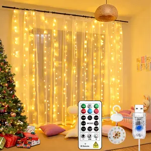 Warm White Curtain Light for Bedroom, 300 LED 9.8ft x 9.8ft Window Fairy Curtain String Light with 16 Hooks, 8 Models Remote Control for Wedding Party Home Garden Indoor Decorations