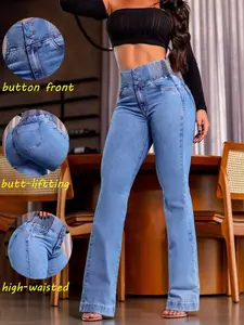 Women's Kardashian style High Waist Denim Skinny Flare Button Pants, Butt Lifting Slim Fit Jeans, Sexy Elastic Comfortable Long Pants for All Seasons