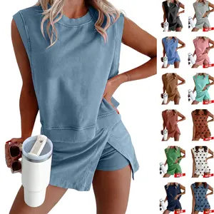 UANEO Summer Sets Women 2 Piece Outfits Shorts Tank Top and Casual Skort Lined Split Athletic Skirt Set Travel Outfit