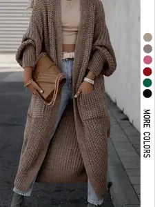 Plus Size Women's Ribbed Texture Pockets Off-Shoulder Long Knitwear Sweater, Casual Fashion Jumper Fall & Winter Outerwear, Comfortable Loose Basic Plain Long Sleeve Top