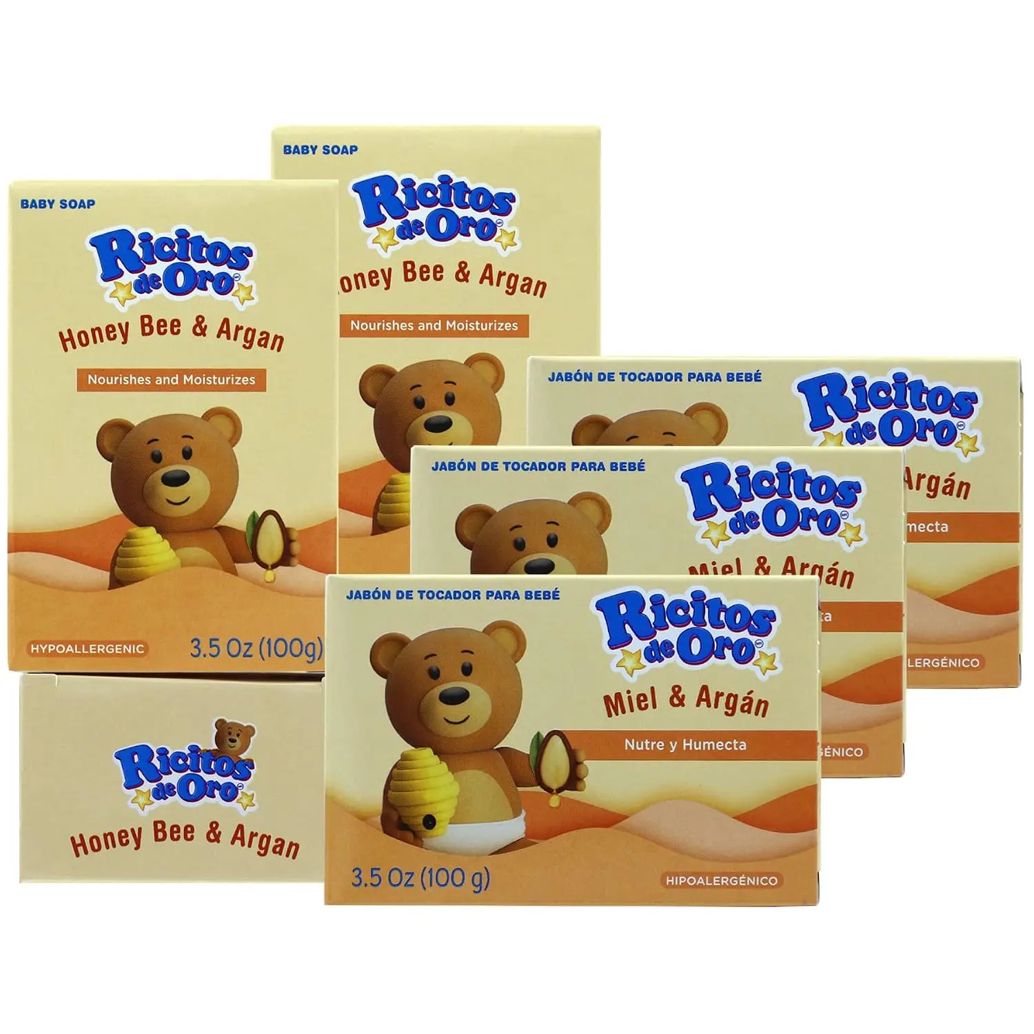 Ricitos de Oro Honey Bee Bar Soap, Hypoallergenic Bar Soap, Assists in Moisturizing Baby's Skin, Delicate Skin, 6-Pack of 3.5 Oz, 6 Bar Soaps.