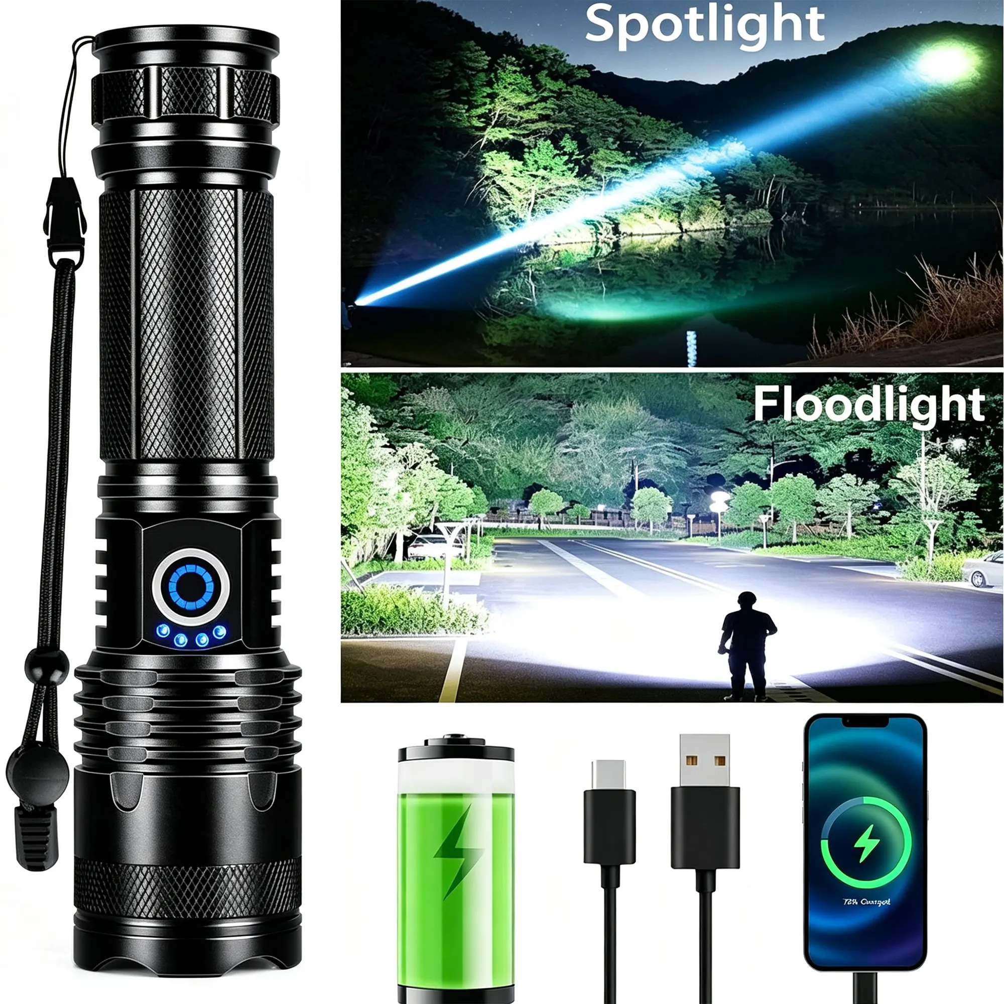 LED 10000 Lumens Bright Flashlight Rechargeable Tactical Flashlights, 5 Modes Zoomable Waterproof Flashlight for Home,Camping,Emergency & EDC-Upgraded