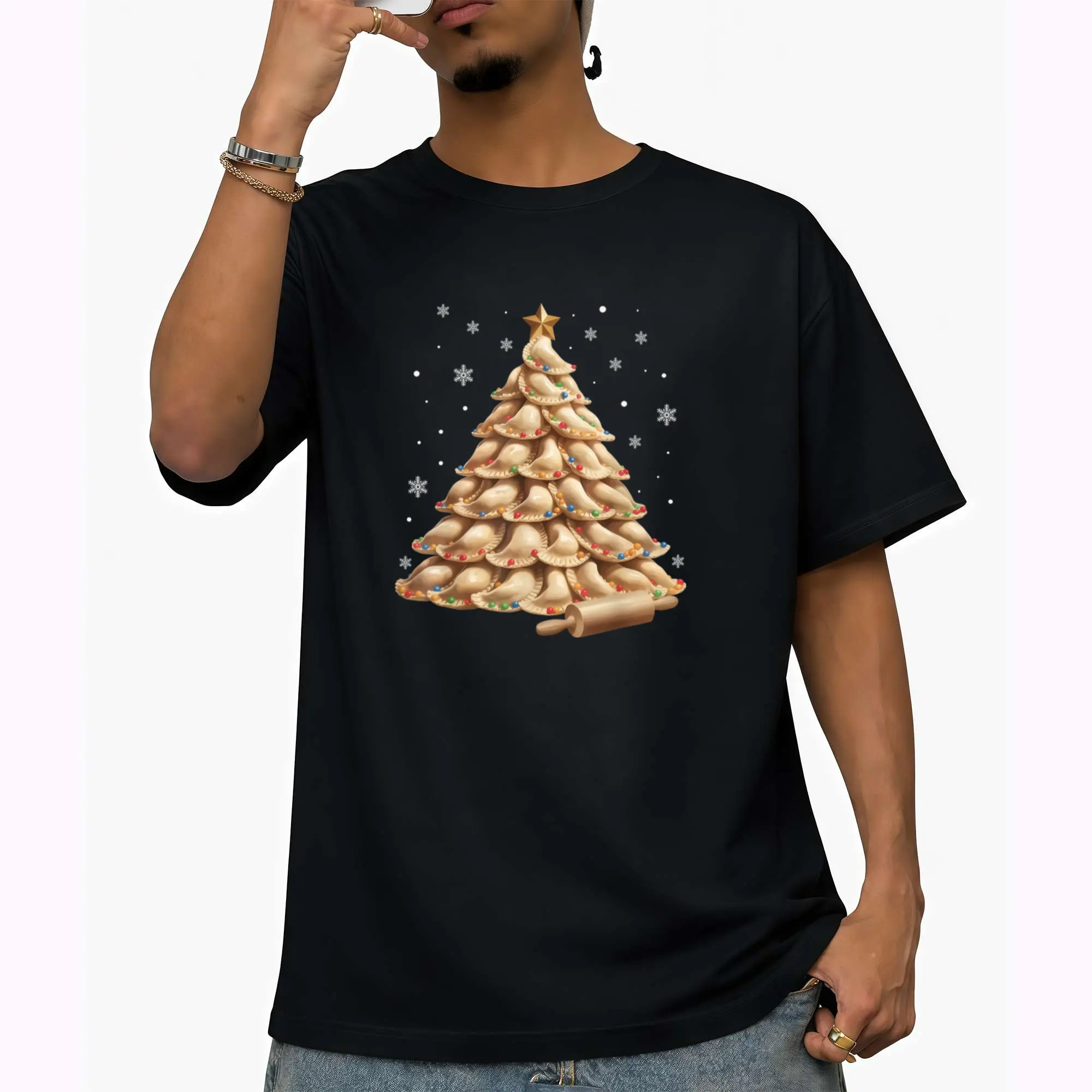 Humorous T-Shirt Featuring a Big & Tall Pierogi Tree, Perfect for Polish Christmas Cuisine. This Unisex Casual Tee Has a Round Neck And Short Sleeves, Showcasing a Festive Dumpling Design. It Offers a Bit of Stretch