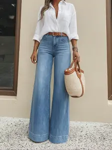 Women's Casual Long Denim Jeans, Medium Wash Wide Leg Medium Stretch High Waist Full-Length, Button Zipper Pockets, Bell Design, Comfortable Fit