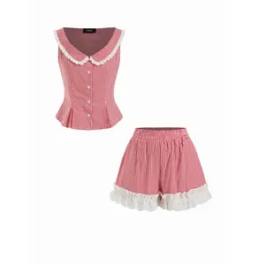 Cider Gingham Ruched Top & Mid Rise Lace Trim Shorts Set Womenswear Sleeveless SwimWeek