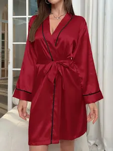 Women's Plain Simple Home Sleepwear Loungewear, Wine Satin Contrast Binding Waist Cinching Belt Fake Silk Bathrobe, Elegance, Womenswear