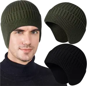 2 count Winter Beanies with Ear Flaps for Men Women, Warm Knit Earflaps Cap Thick Hats