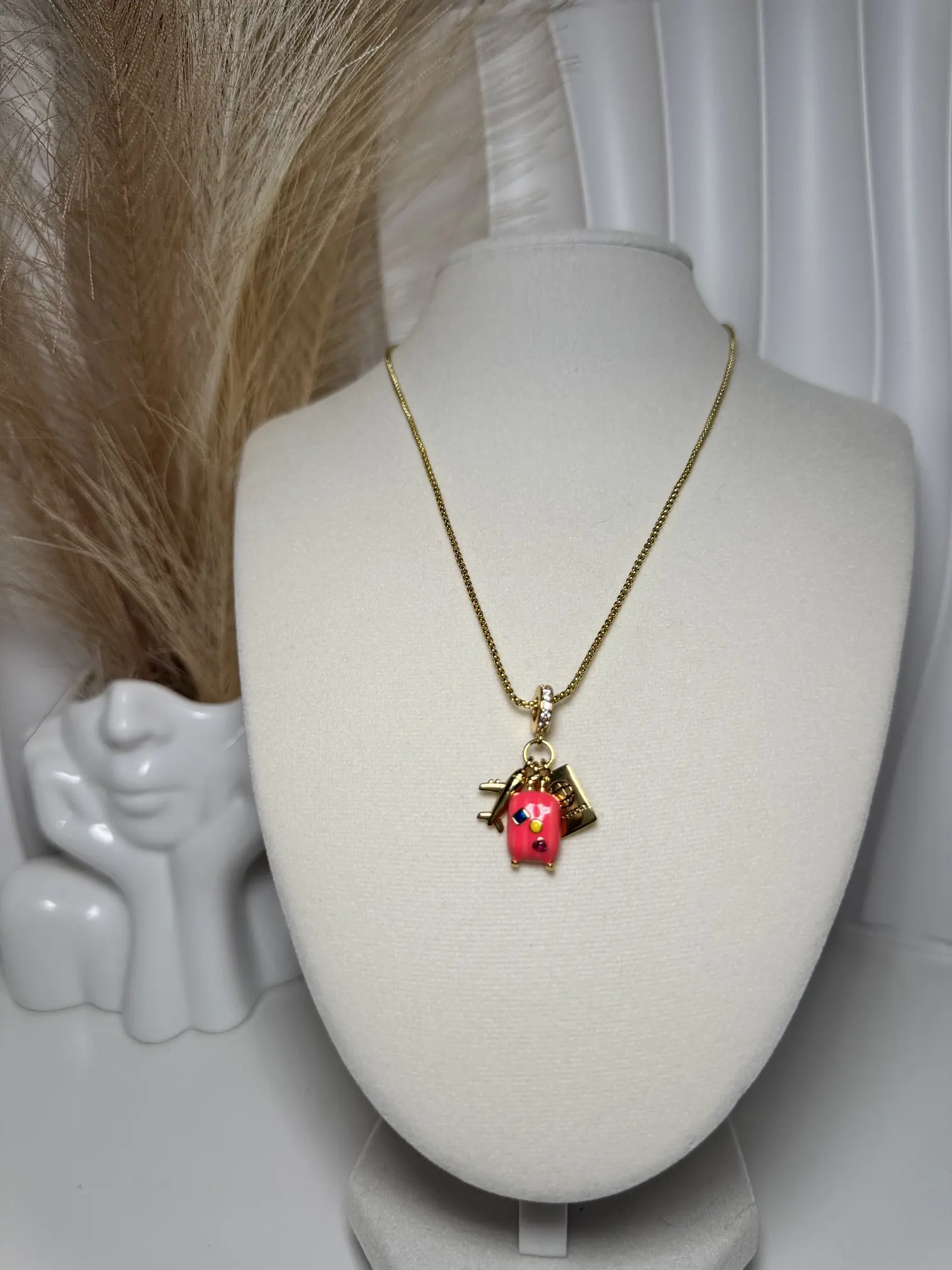 18K Gold Plated Travel Charm Necklace airplane, suitcase, and passport pendant