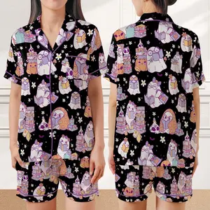 Cute Bookish Ghost Halloween Satin Pajamas, Book Lover, Reading Boo, Ghost Reading Books Halloween Pajamas, Librarian Halloween Sleepwear