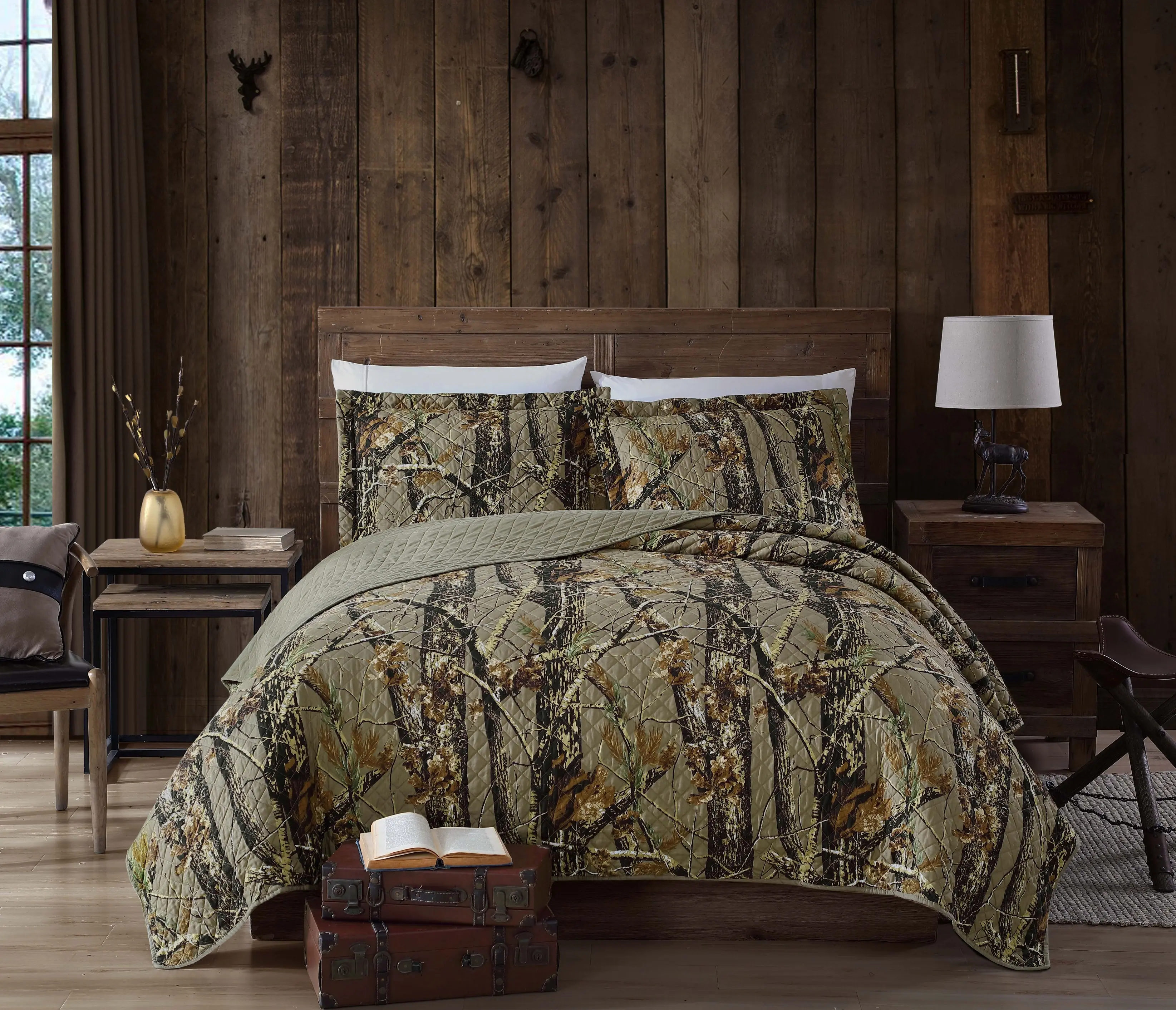 CHEZMOI COLLECTION Salem Cabin Lodge Tree Leaves Camouflage Quilt Set - 100% Microfiber Polyester, Soft Bedding Set, Fade-Resistant, Machine Washable, Multi-Size Twin Queen King, Cabin Decor