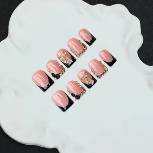 10pcs/Set Handmade Square Nail Tips, Y2K Baddie Style, Nude & Black Color With French Tips, Cherry Rhinestones, Carved Designs, Suitable For Party, Wedding, Daily Wear, Comes With Tool Kit, Great Gift For Women & Girls Nails Nail Supplies
