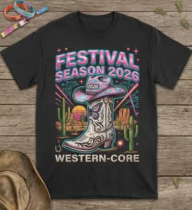 Festival Season 2026 Western Core – Retro Cowboy Boot Graphic Heavy Cotton Tee, Vintage Desert Aesthetic Shirt for Music Festival Outfit, Trendy Country Style Streetwear