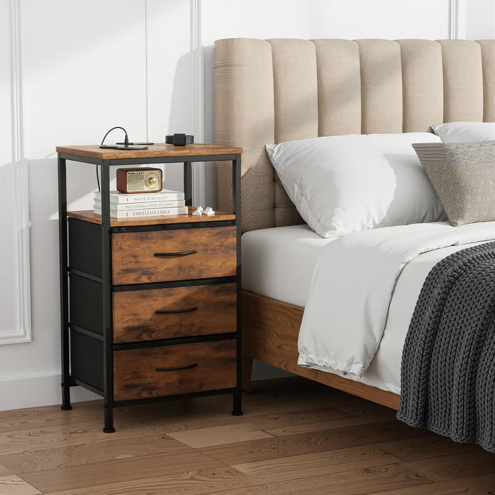 1pc Rust Nightstand with Charging Station - Bedroom Indoor Furniture Bedside End Table with 3 Fabric Drawers, USB/Type-C Ports, Outlets, Adjustable ft & Variable Light Strip dresser chest