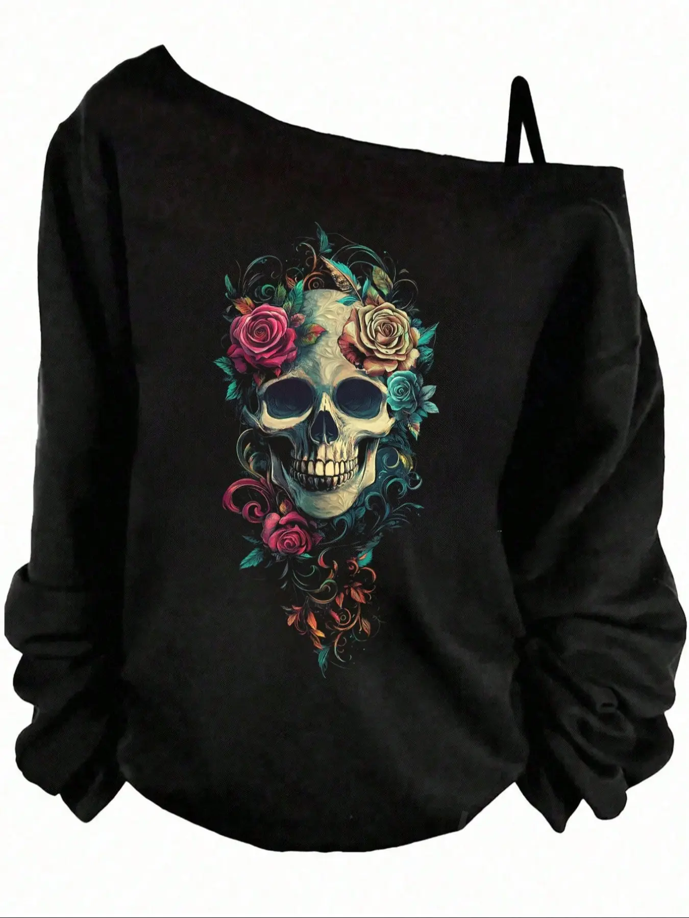 Gothic Skull Rose Floral Print Hoodie Top, Sweatshirt, Asymmetrical Shoulder Strap, Loose-Fitting Long Sleeve, Casual Style, All Seasons, Trendy Streetwear, Lady Fashion, Dark Romance Hoodie