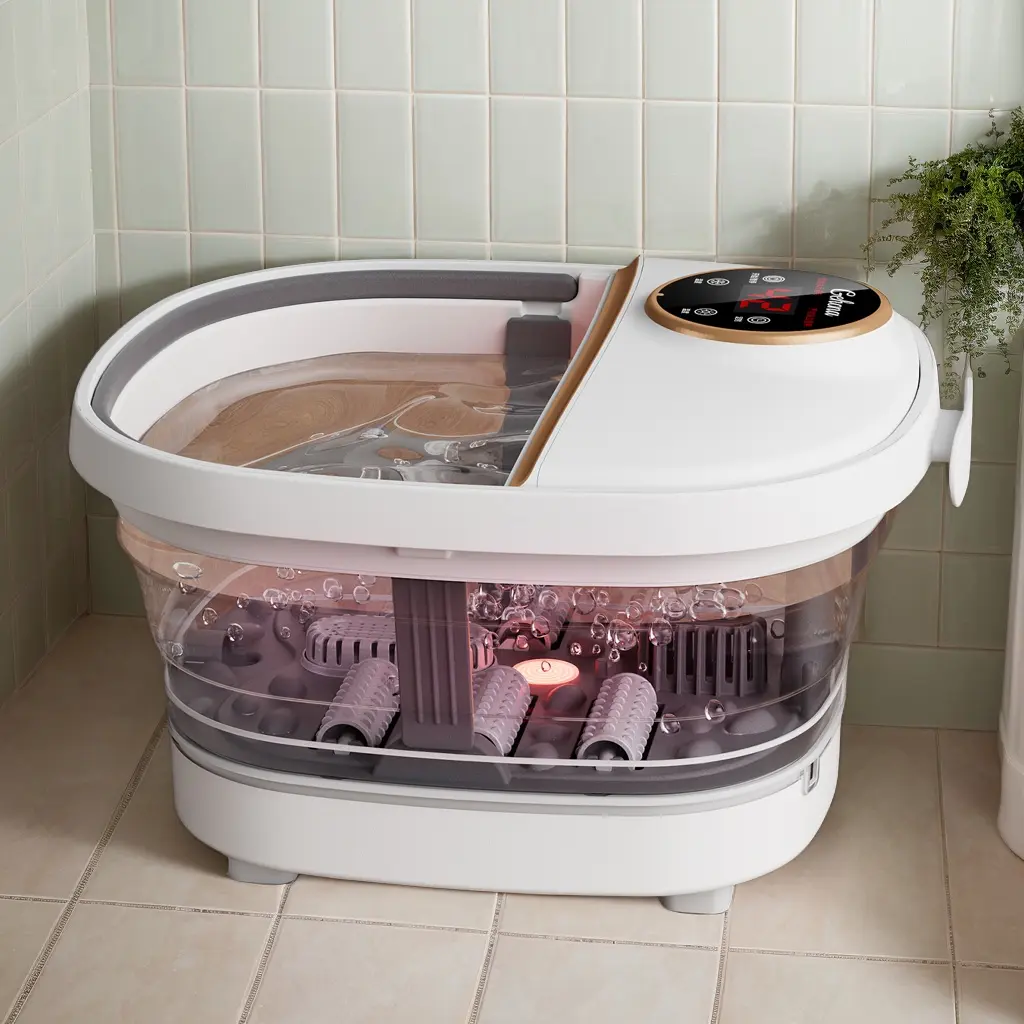 Collapsible Foot Spa Bath And Massager With Heater And Bubbles, Vibration And Red Light, Foot Bath With Six Massage Rollers, Foot Soak Tub With Pumice Stone Black Home Goods White