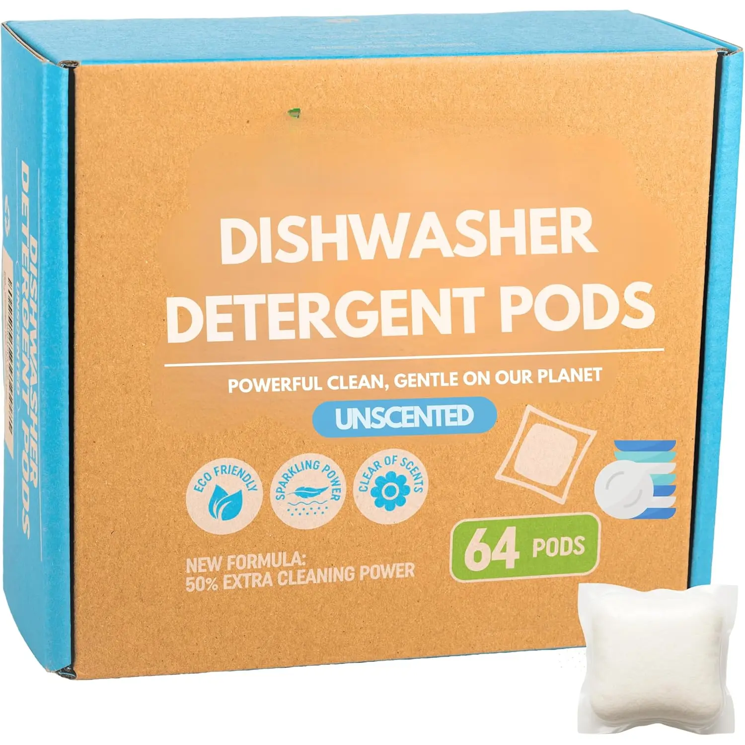Dishwasher Detergent Pods Free & Clear, Unscented, , Cuts , 64 Count,  Formula for Sparkling Clean Dishes, Automatic Dishwasher Safe