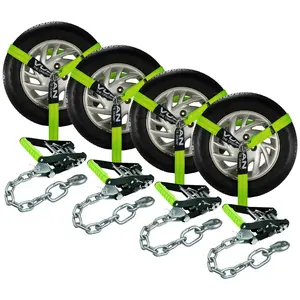 VULCAN Car Tie Down with Chain Anchors - Lasso Style - 2 Inch x 96 Inch - 4 Pack - High-Viz - 3,300 Pound Safe Working Load Flat Bed Trailers Wheel Lifts Cordura Webbing
