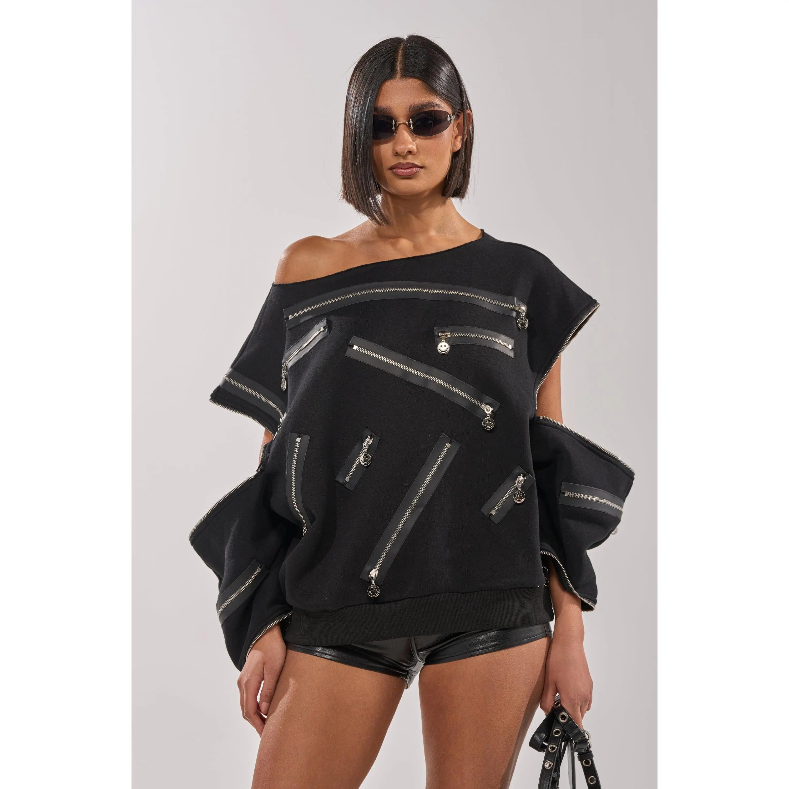 UN-ZIP ME OFF THE SHOULDER SWEATSHIRT